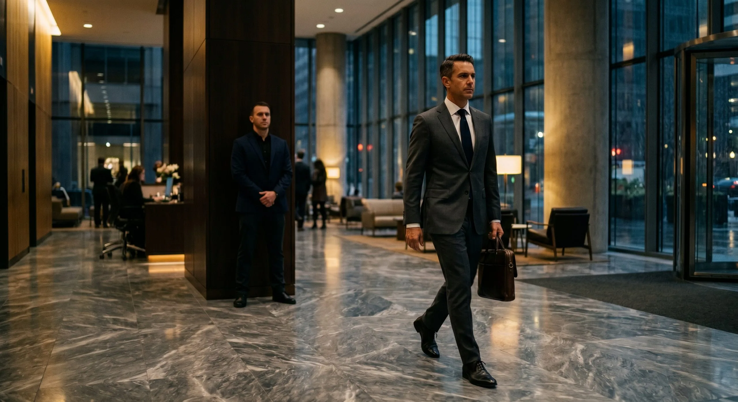 Executive walking through a hotel lobby with a protective agent positioned nearby