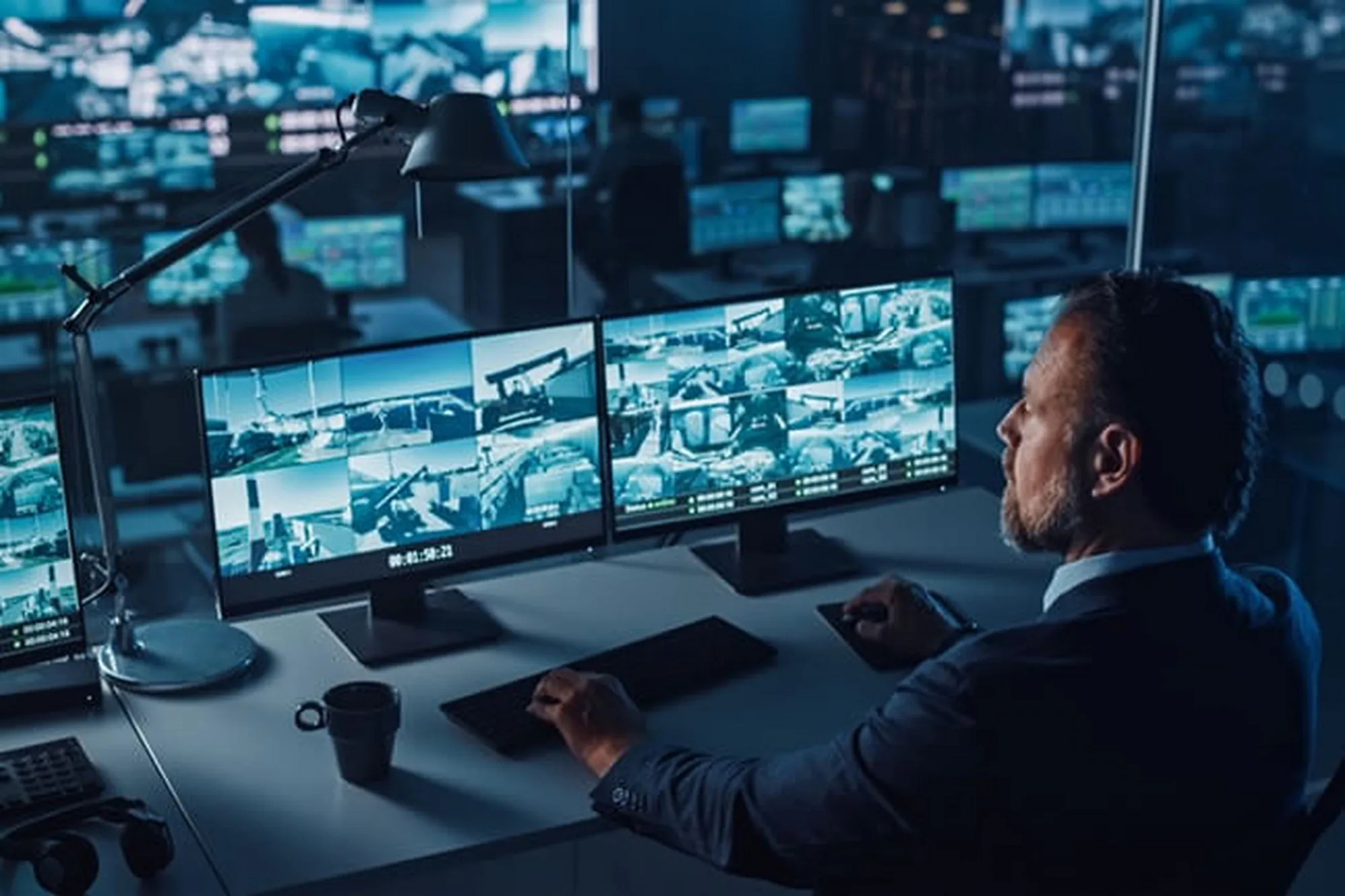 Security operator monitoring multiple live camera feeds on a wall of screens