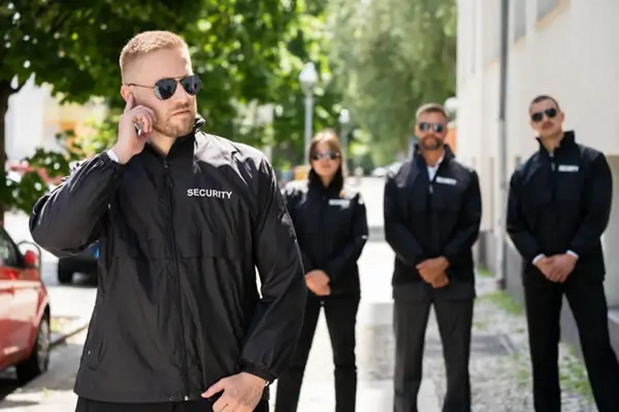 Executive protection team briefing before a principal's movement