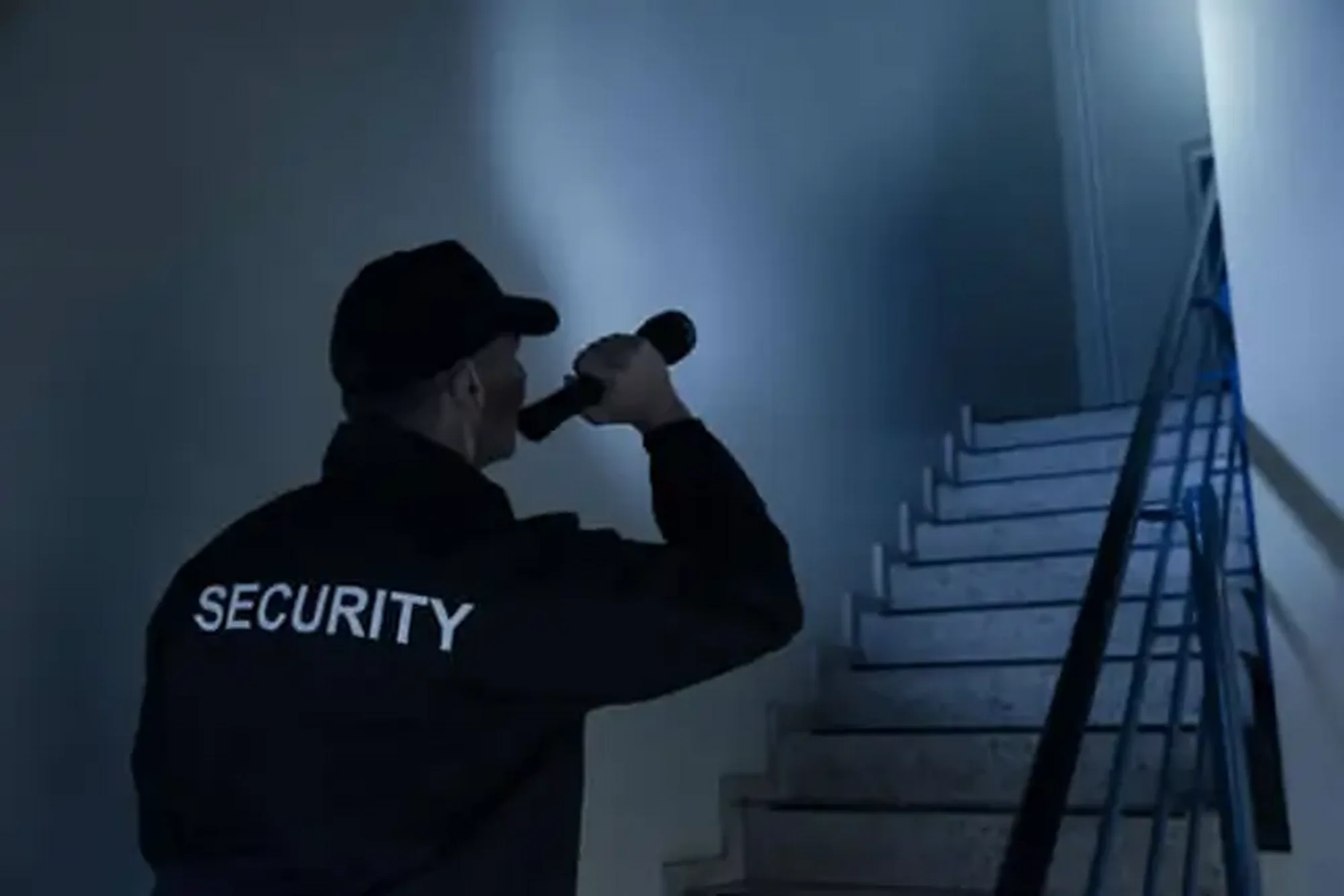 Professional uniformed security officer standing post at a property entrance