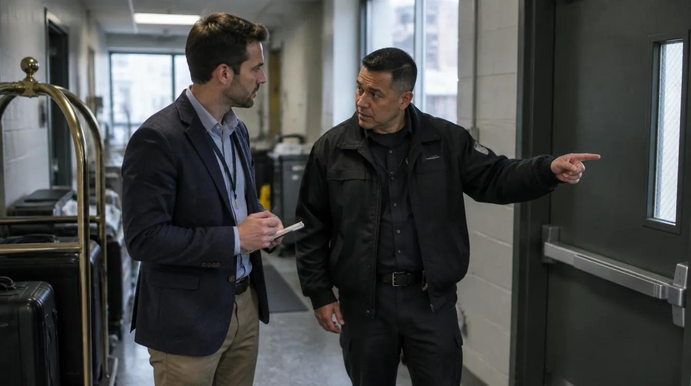 Advance agent taking notes as a venue security officer points out a service entrance in a back-of-house corridor