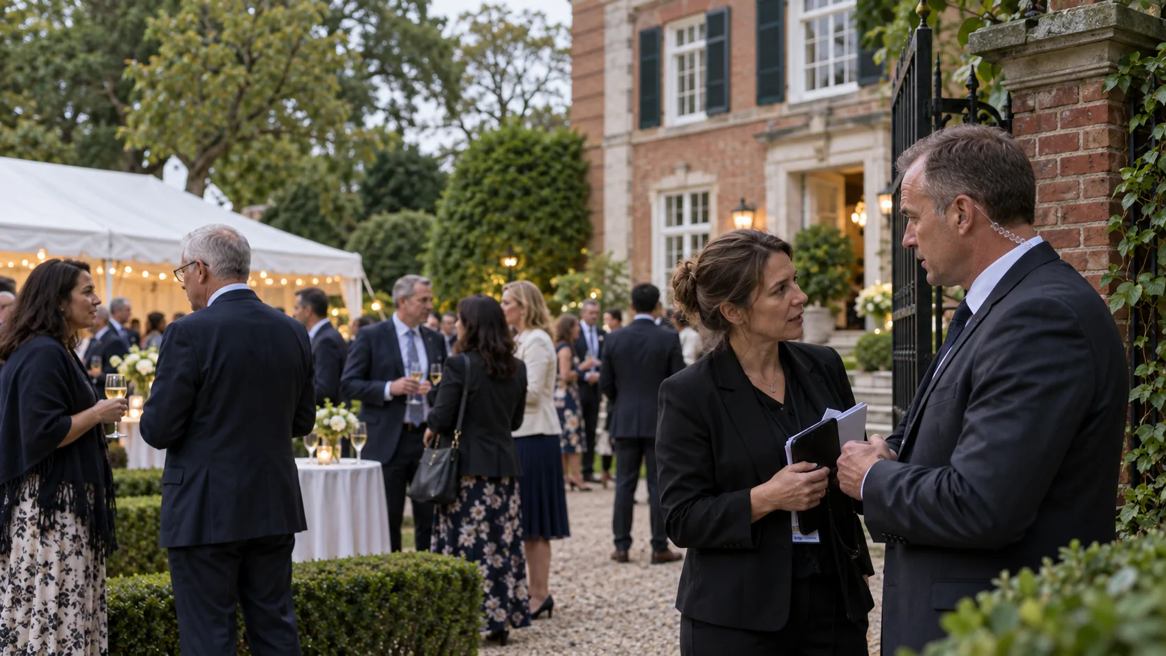 Security professionals briefing before a diplomatic garden reception