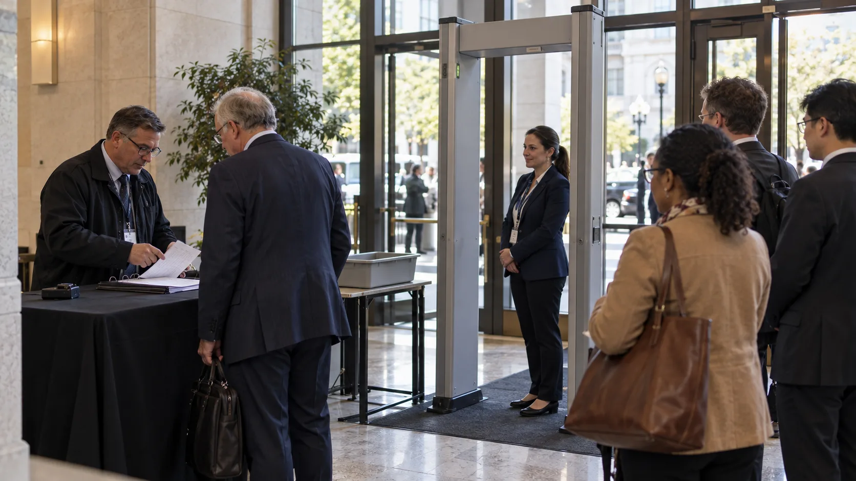 Security personnel screening guests in a conference lobby