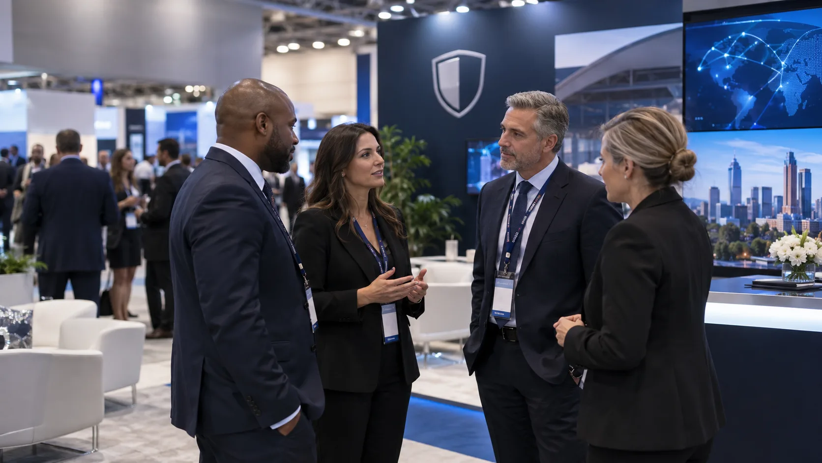 Security professionals in conversation with the Samaritan team at a trade show booth, with a shield emblem and city skyline displayed behind them.
