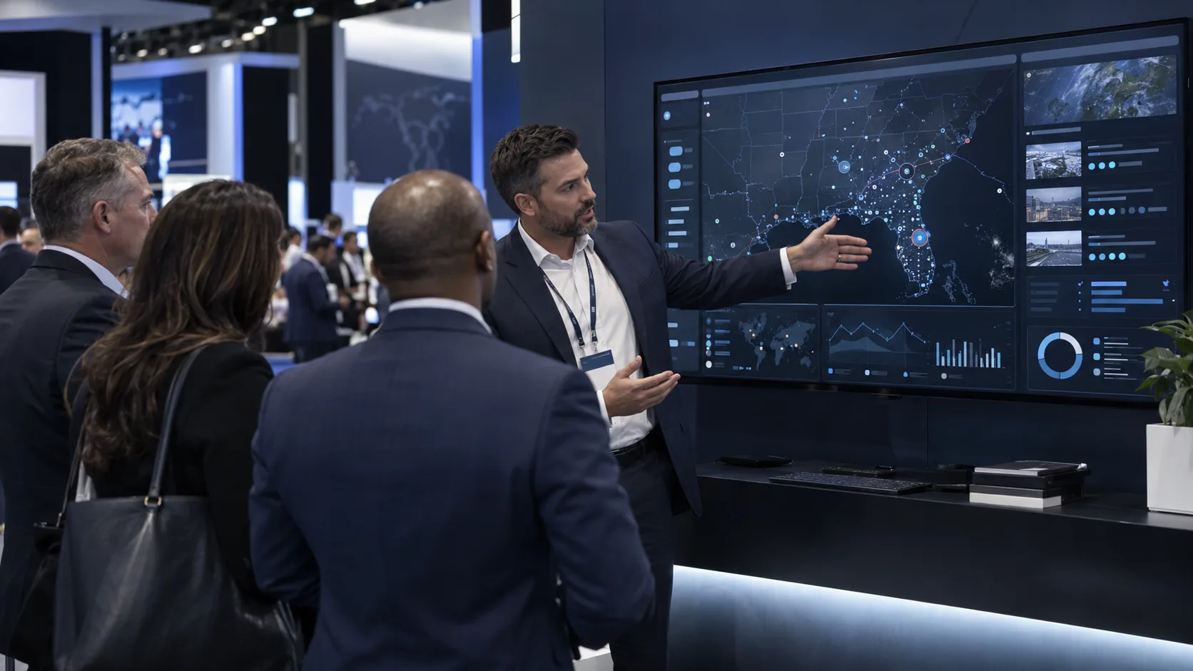 A Samaritan team member demonstrates the Samaritan Vigil™ protective intelligence dashboard, including a geographic threat map, to attendees at a security industry trade show booth