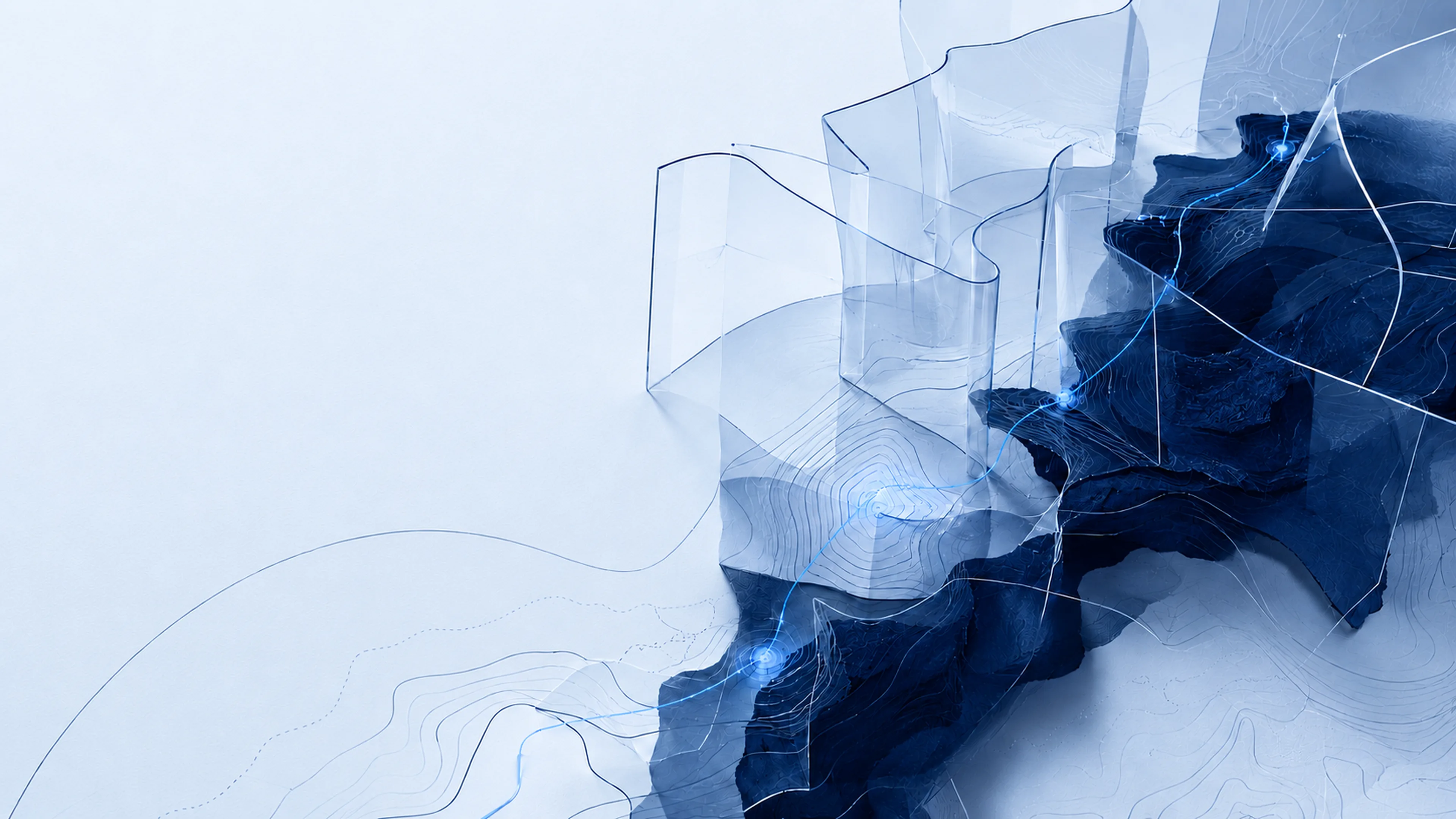 Abstract navy topographic terrain with glass risk layers and glowing signal lines representing security risk advisory