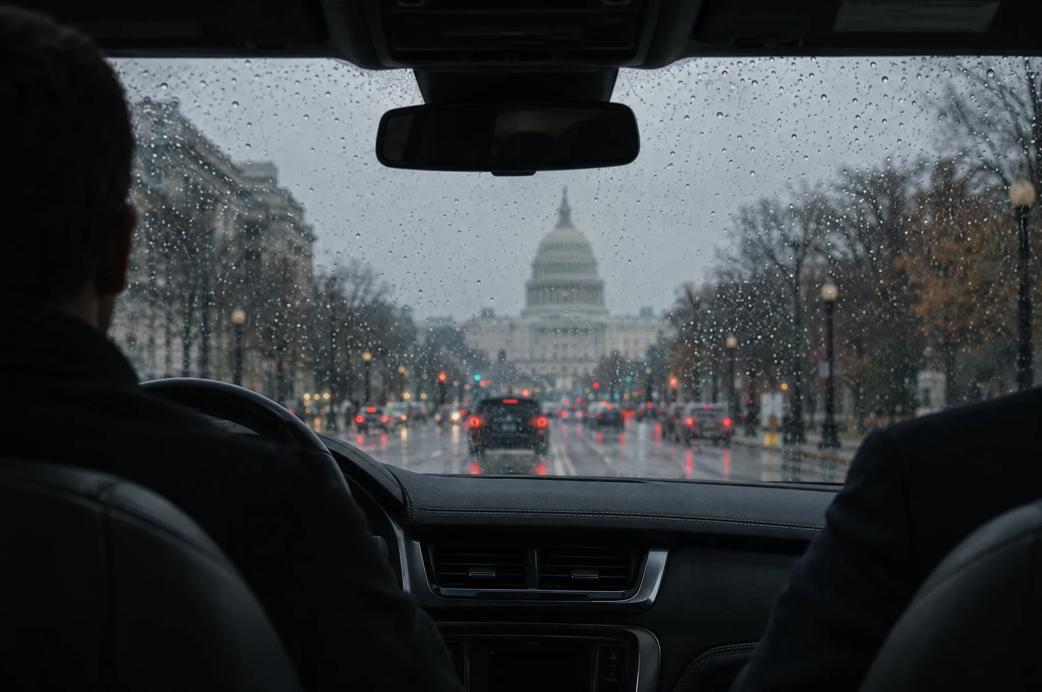 View from the front seats of a protective vehicle driving down a rain-soaked avenue toward the U.S. Capitol in Washington, DC