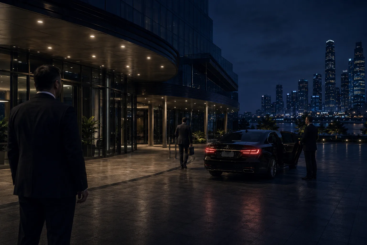 Executive protection detail escorting a principal during a security engagement