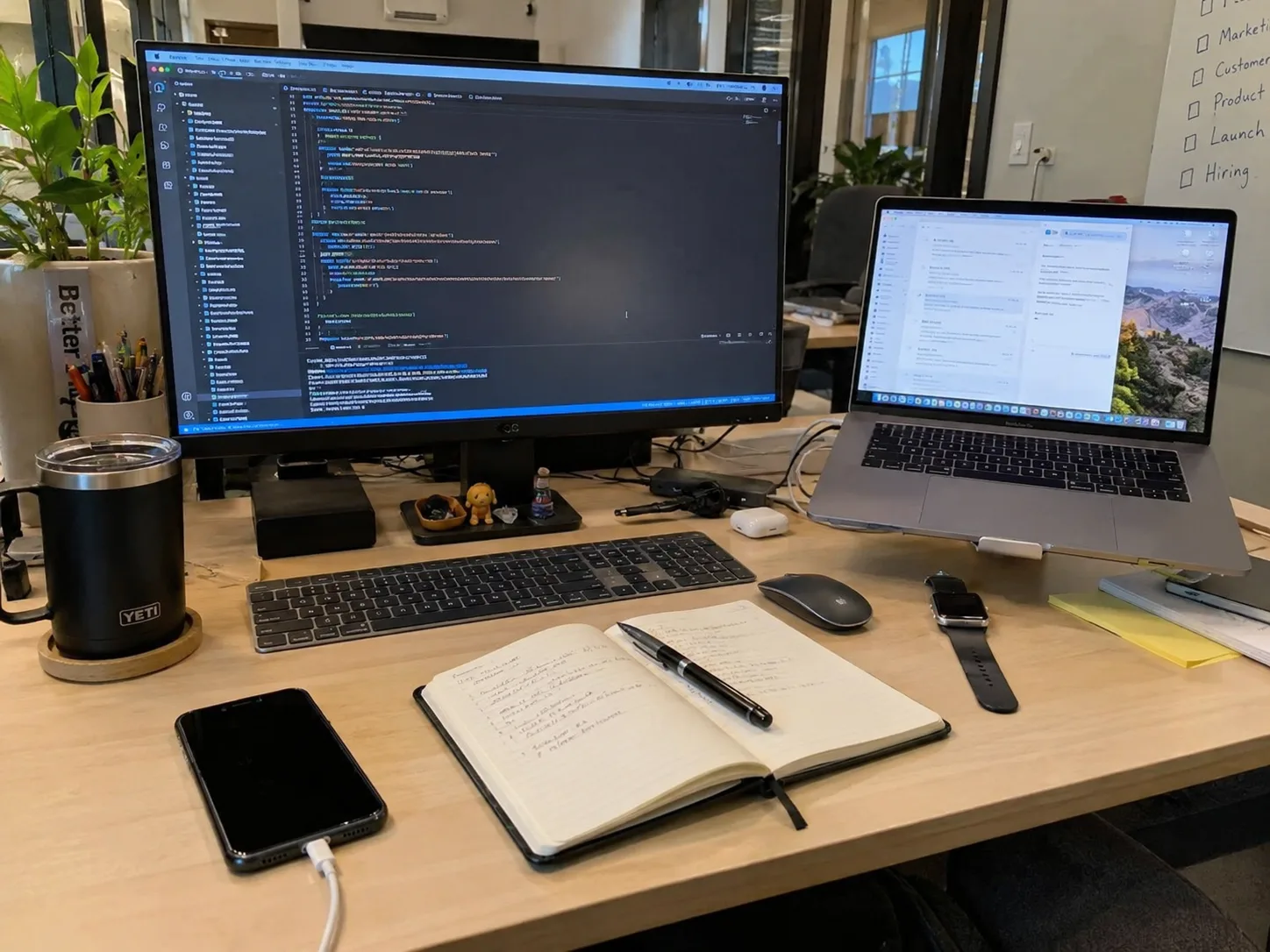 Office desk with a smartwatch, smartphone, laptop, wireless earbuds case, and desktop monitor, everyday connected devices that can be present in sensitive environments