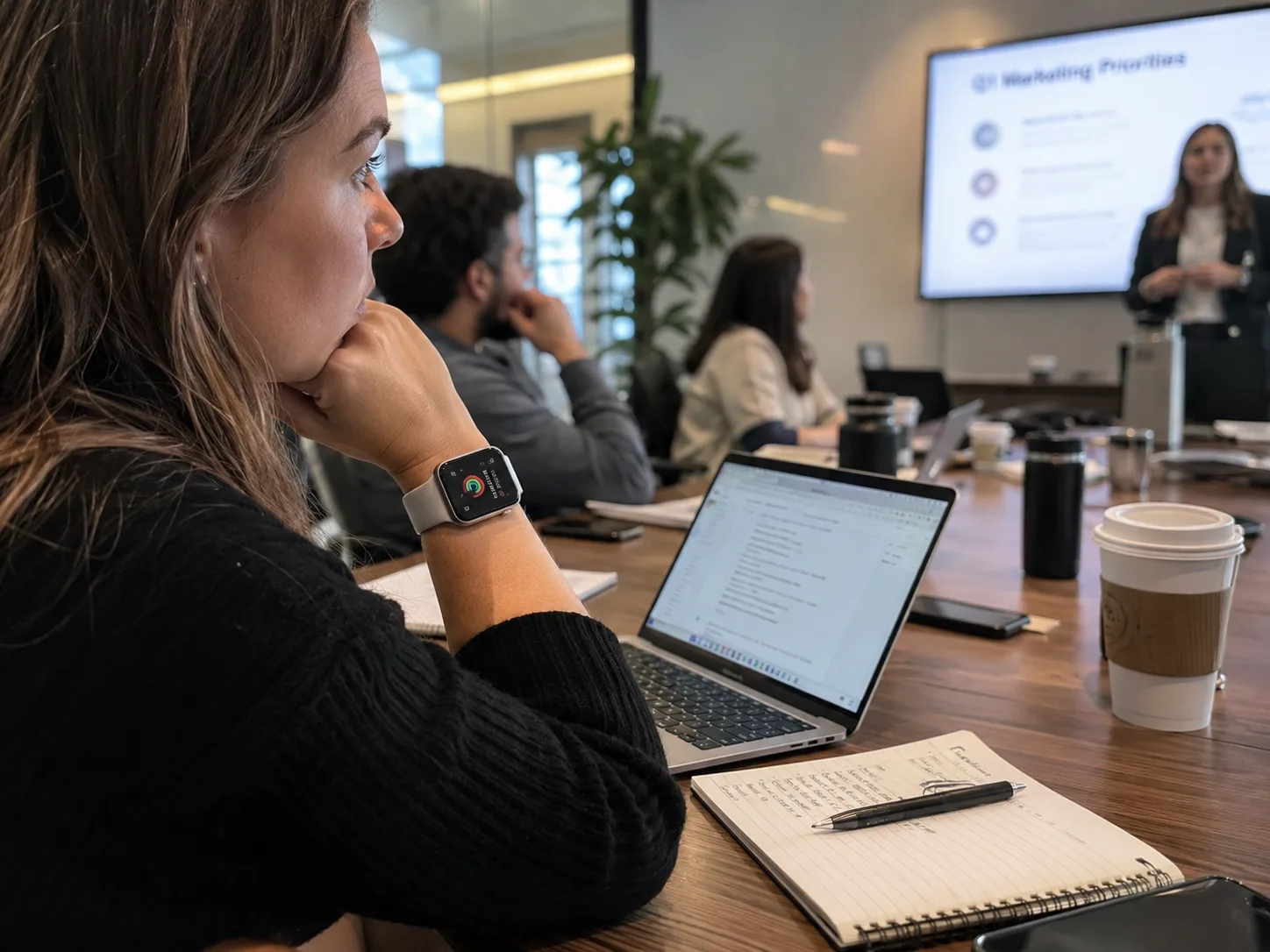 Meeting participant wearing a smartwatch listens to a conference-room presentation, with a laptop and notebook open on the table