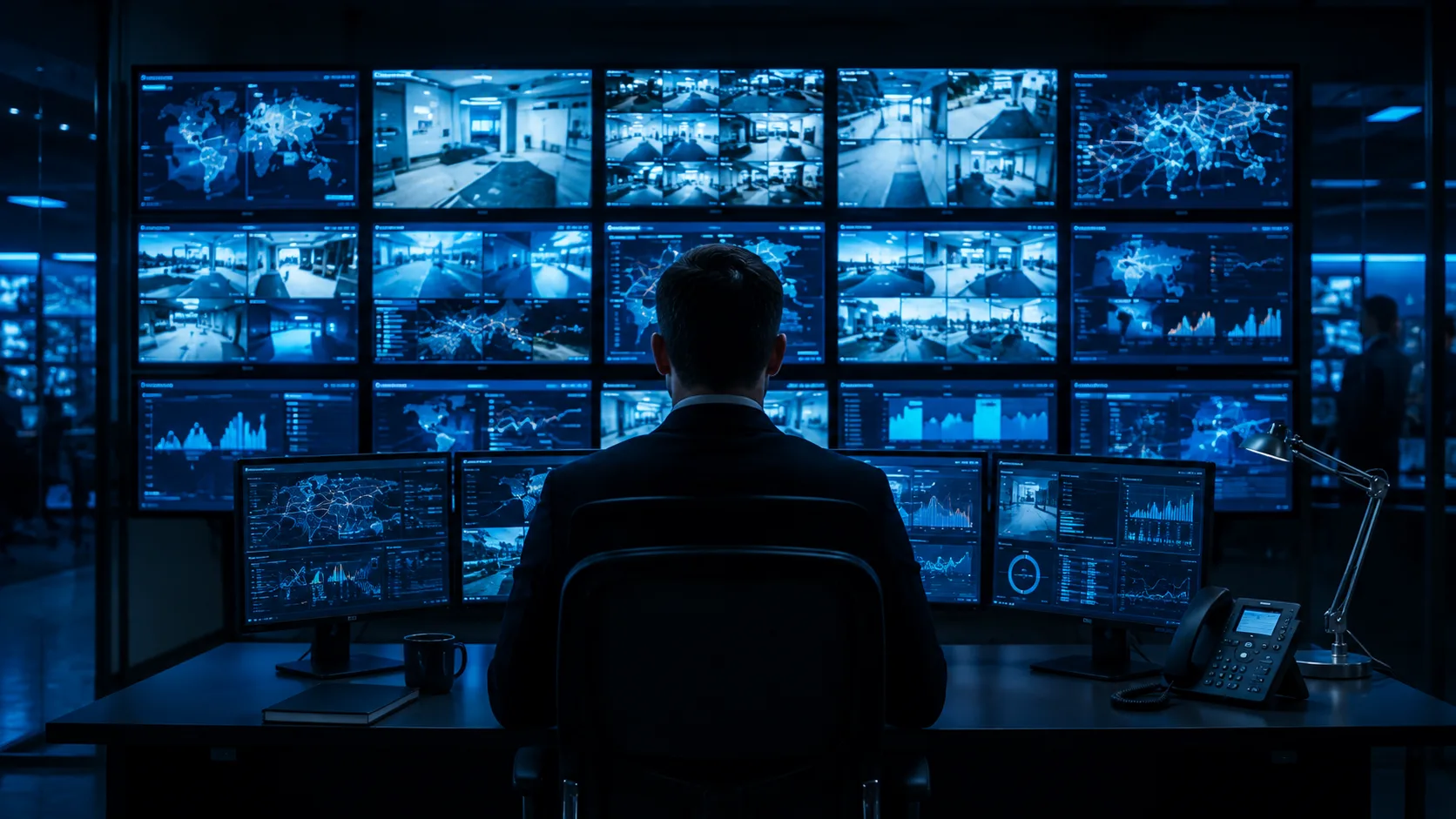 Corporate security analyst monitoring a wall of camera feeds.