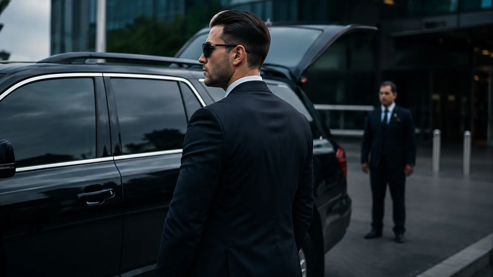 Executive protection agent escorting a principal to a vehicle.