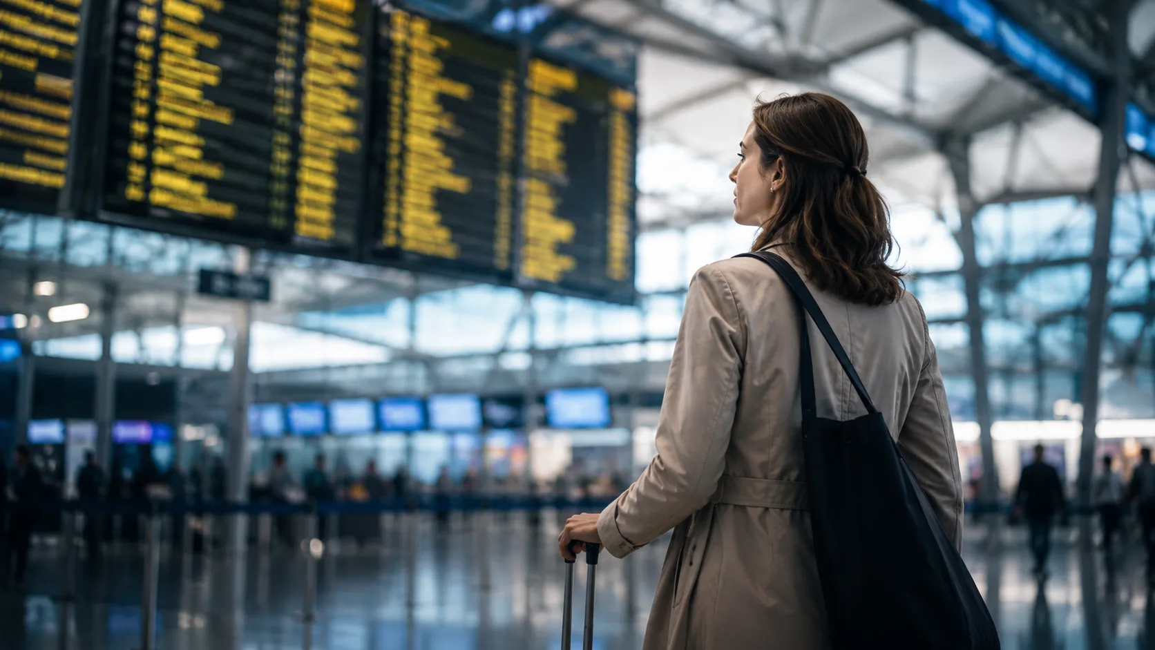 Traveler checking a departures board at an airport.